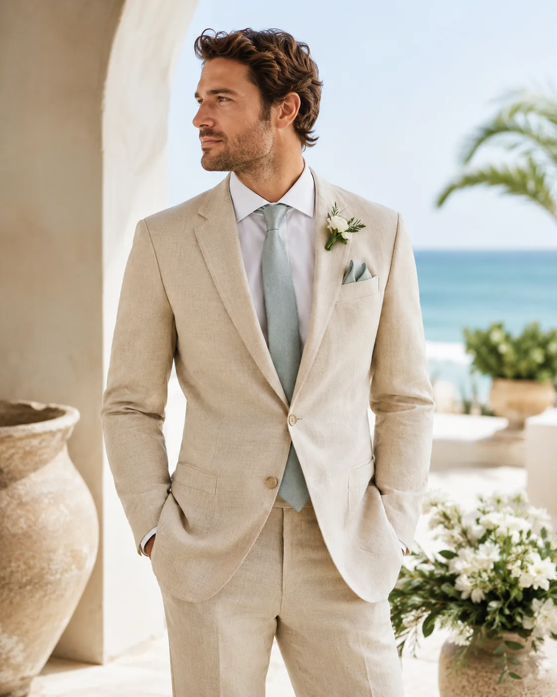 Man wearing a beige suit for a beach or destination wedding