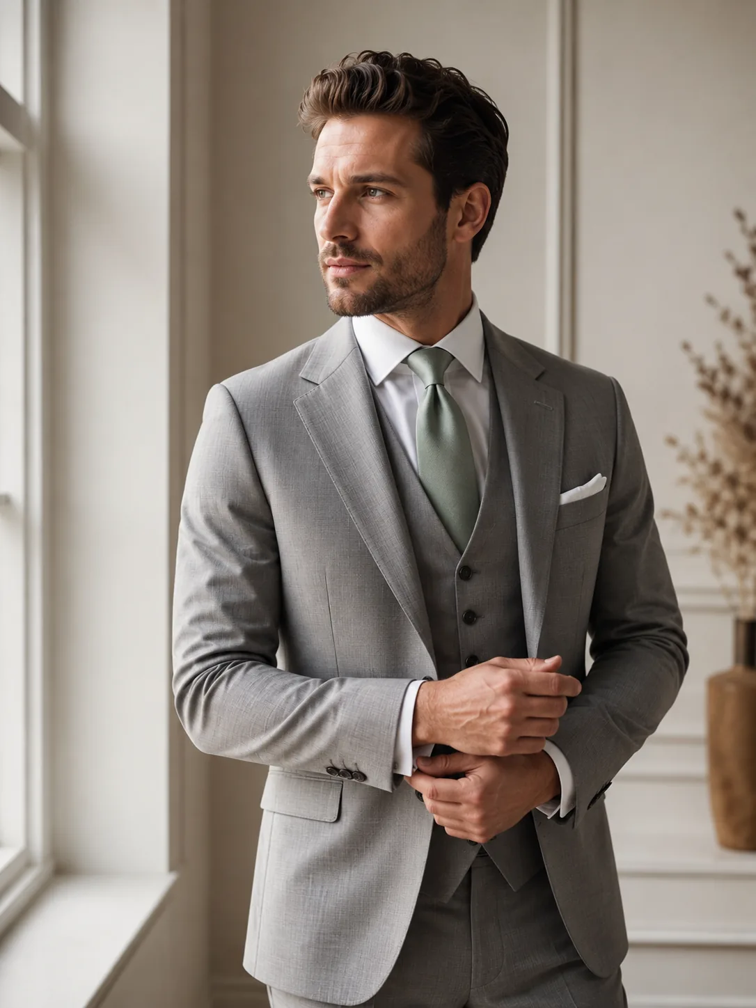 Man wearing a grey wedding suit with a soft green tie